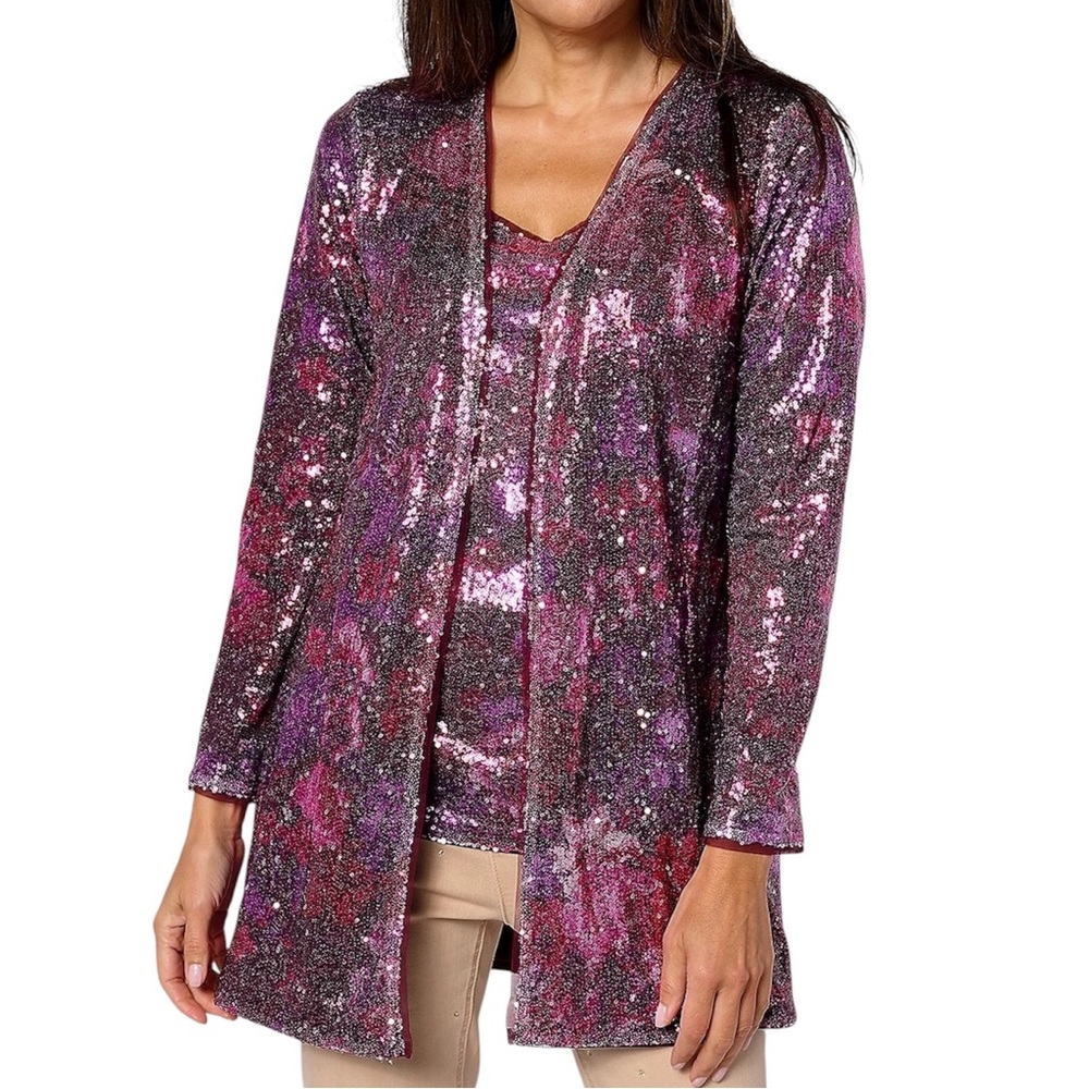 New Isaac Mizrahi Floral Print Sequin Long Sleeve Cardigan Wine Size Medium